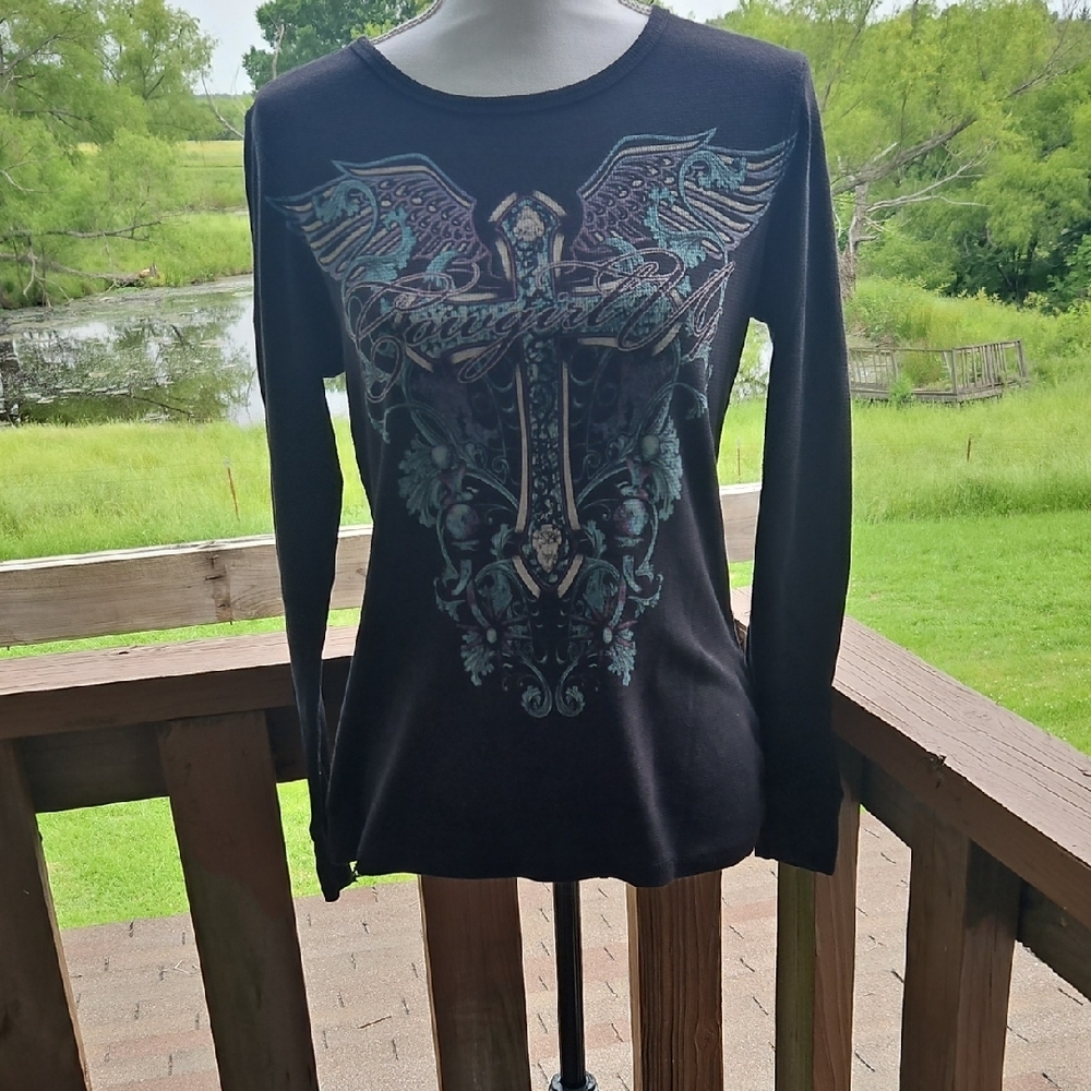 Women's Black Graphic Long Sleeve Top